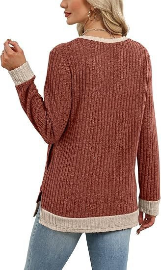 Color Block Ribbed Tunic Top Long Sleeve Pocket Side Slit