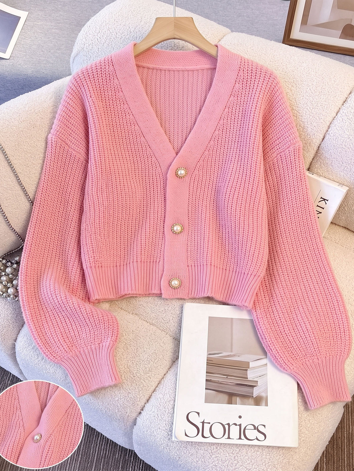 Women's Pearl Button Cropped V Neck Cardigan