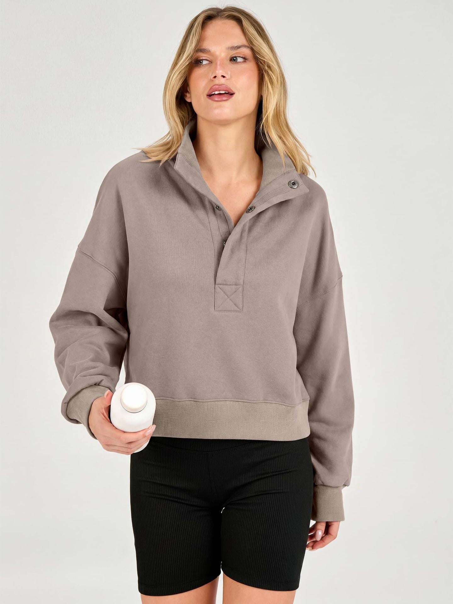 Cropped Henley Sweatshirt Collared Relaxed Fit