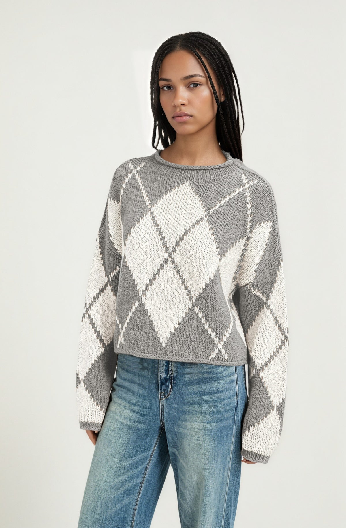 Women's Oversized Argyle Crewneck Chunky Sweater