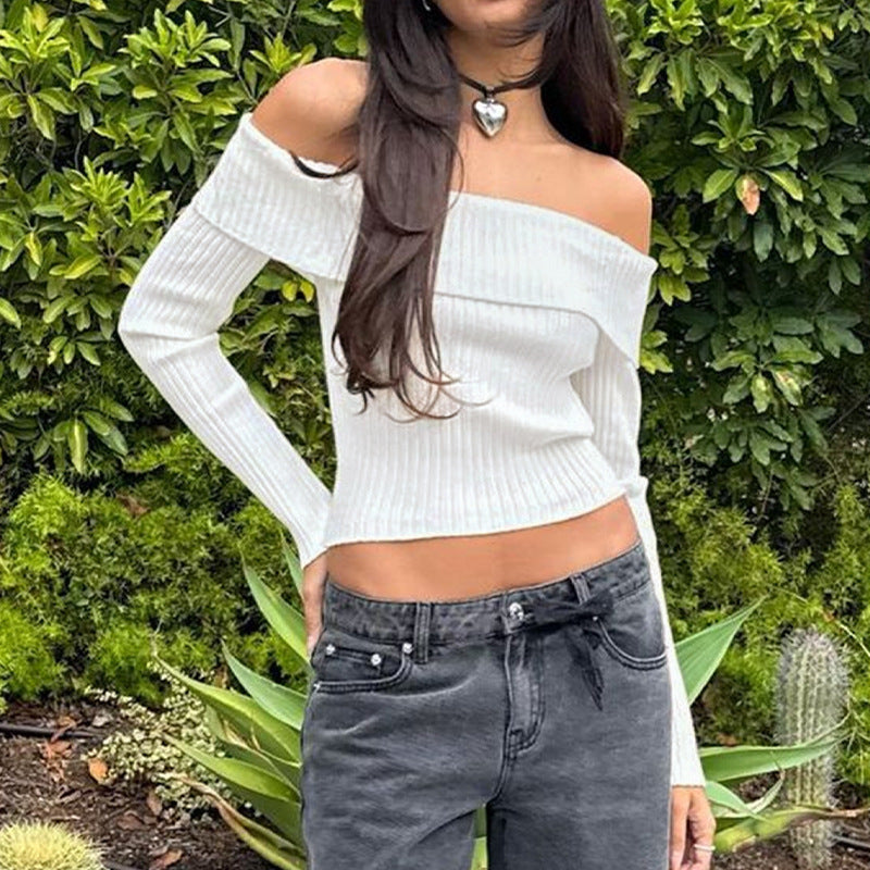 Off Shoulder White Knit Crop Top Long Sleeve Sweater