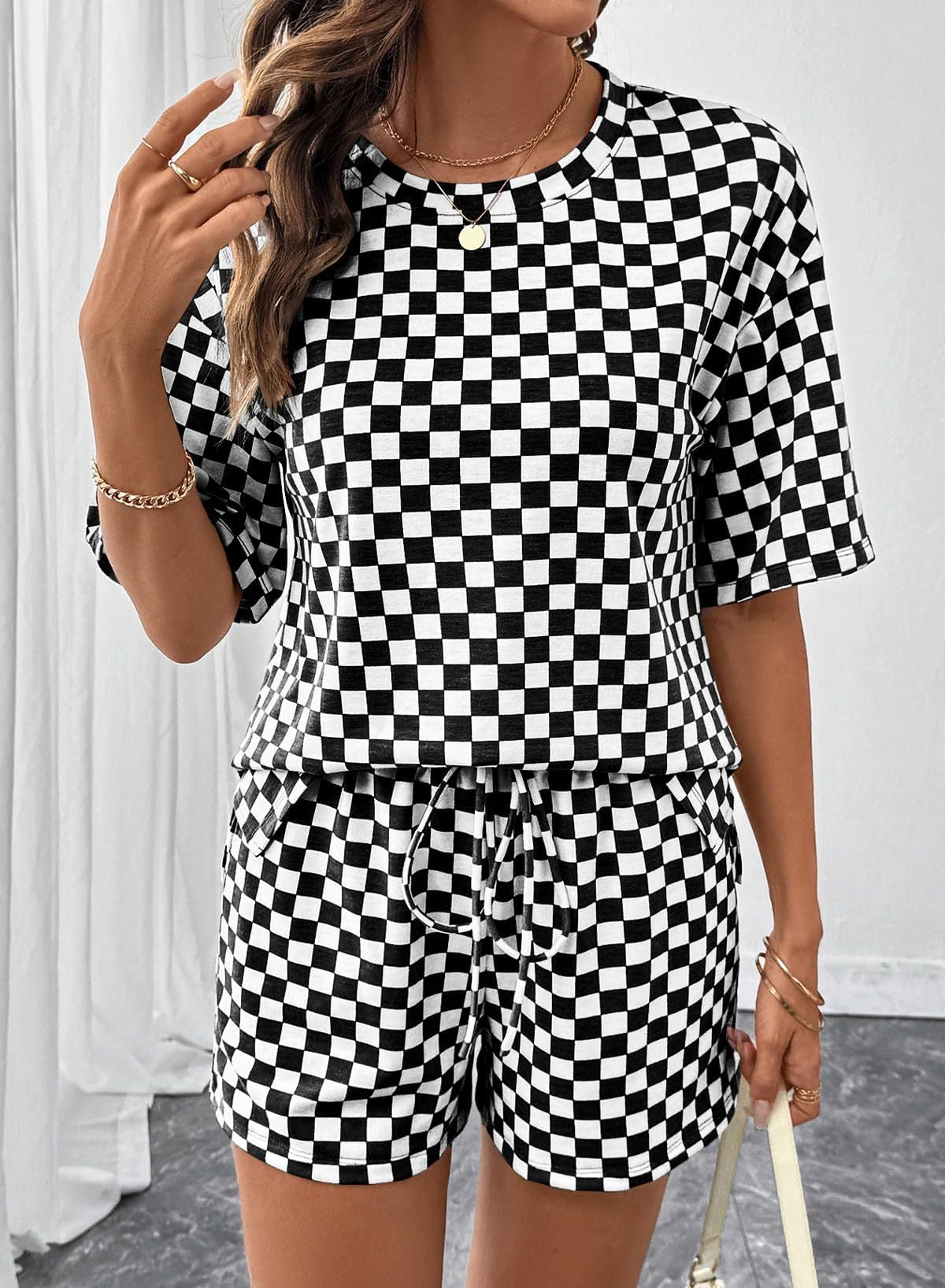 Women's Checkerboard Lounge Set Drawstring Shorts Casual