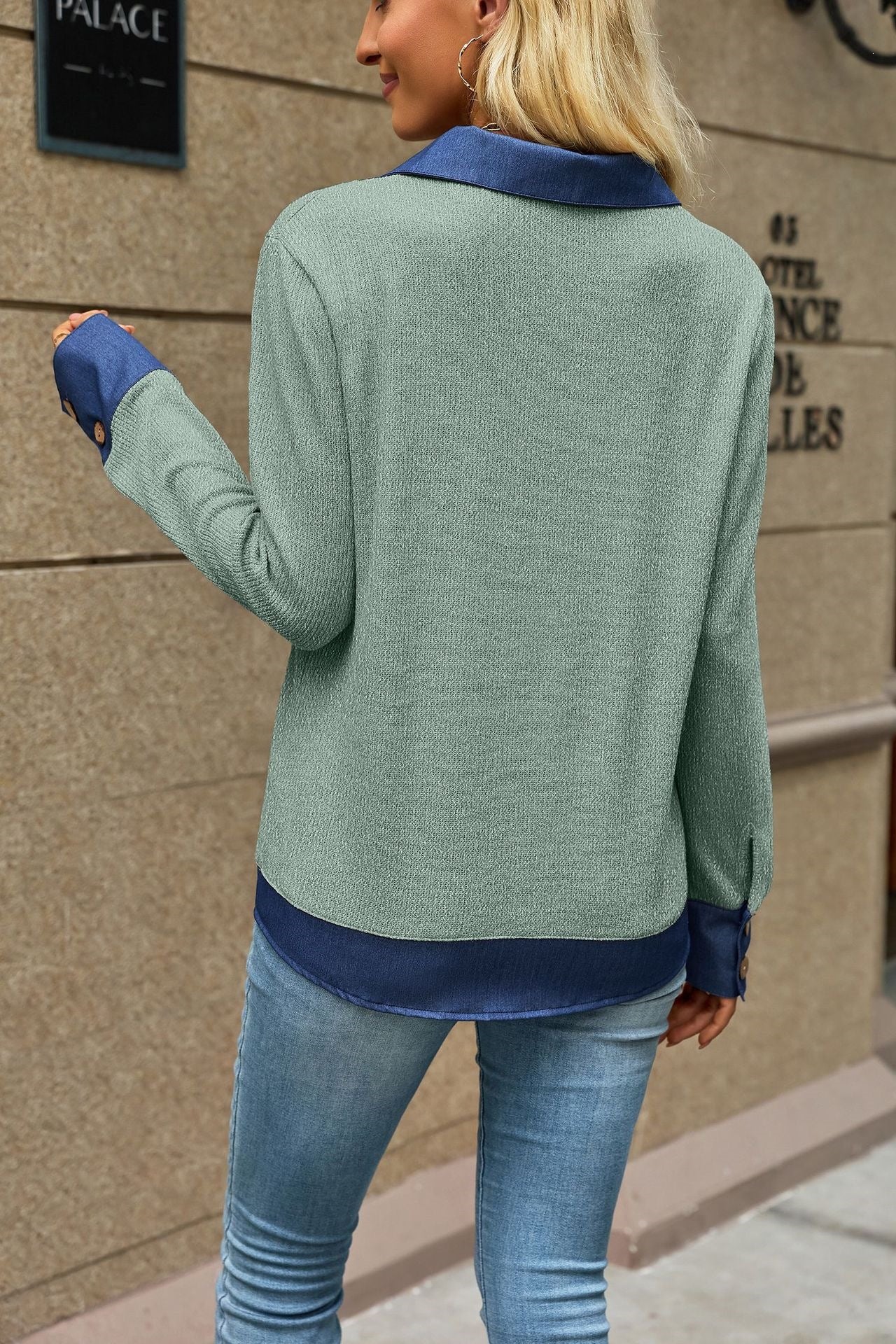 Women's Color Block Denim Collar Pullover Sweatshirt