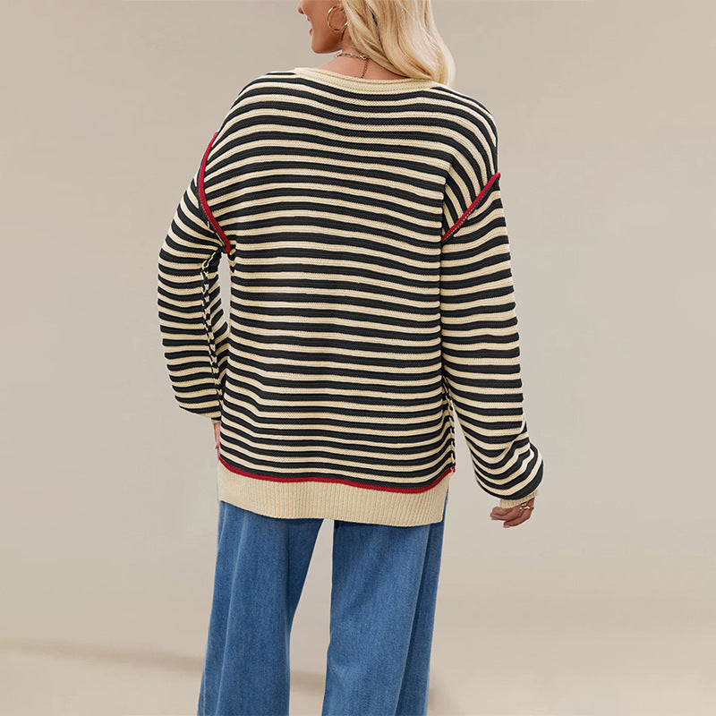 Striped Knit Pullover Sweater | Loose Fit Crewneck Top
