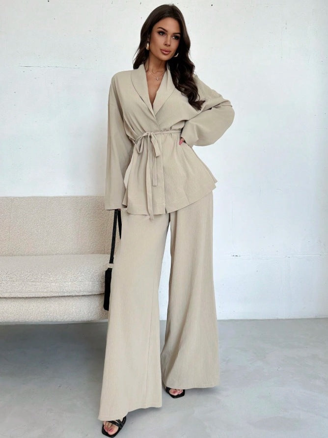 Two Piece Pants Set Wide Leg Belted Blazer Outfit