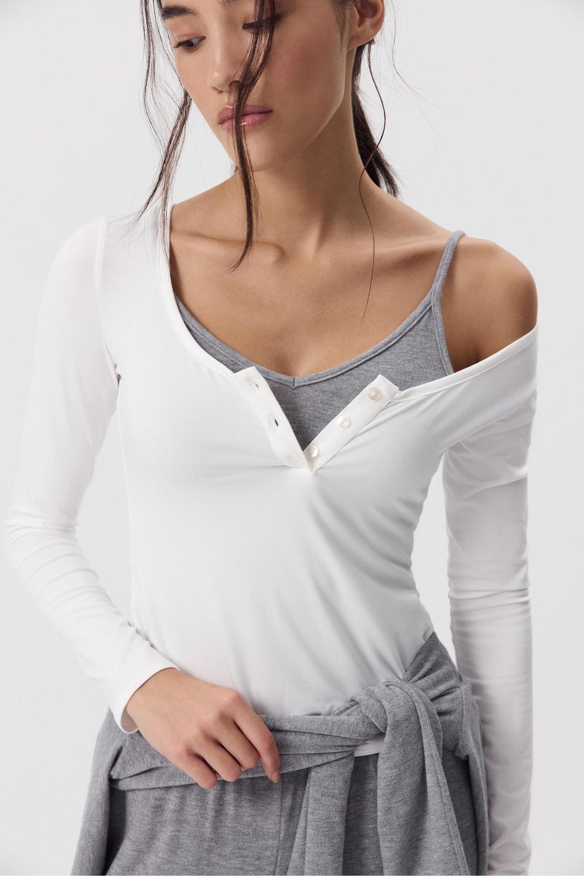 Women's Soft Modal Long Sleeve U-Neck Button Fitted Top