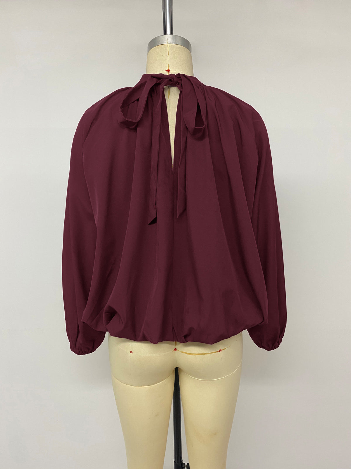Tie Neck Mock Neck Blouse Gathered Long Sleeve Top
