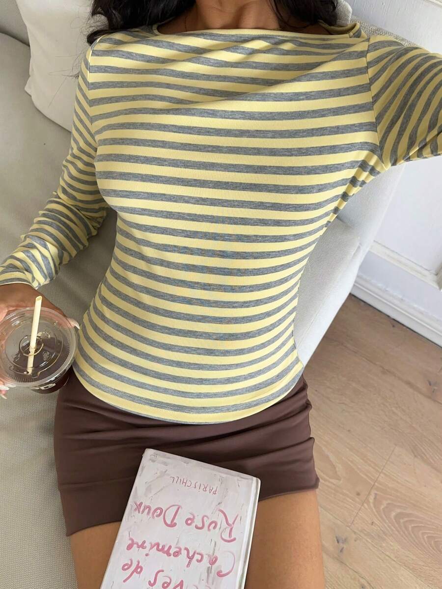 Striped Cotton Tee Casual Fitted Long Sleeve Trendy