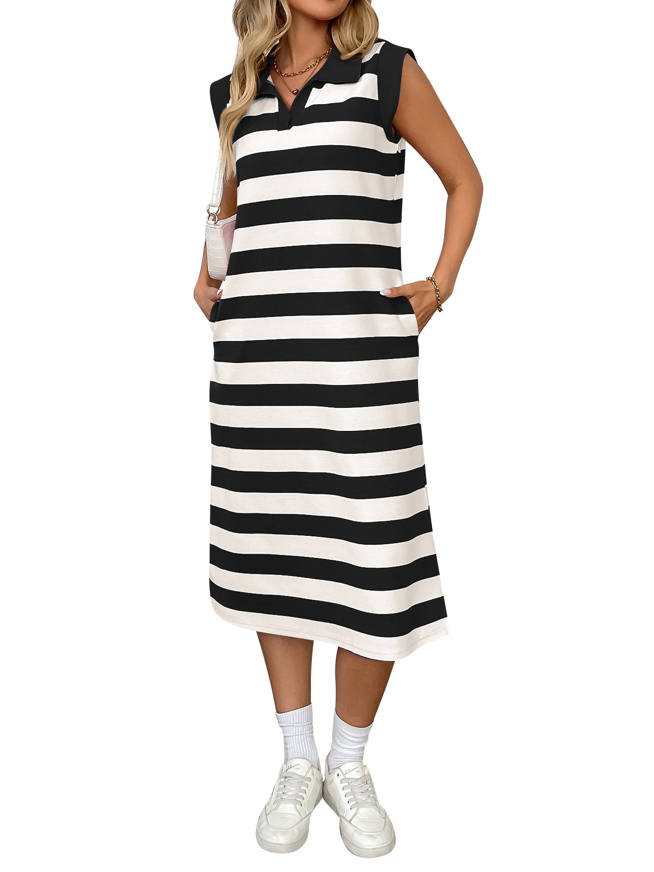 Striped Polo Collar Sleeveless Midi Dress with Pockets