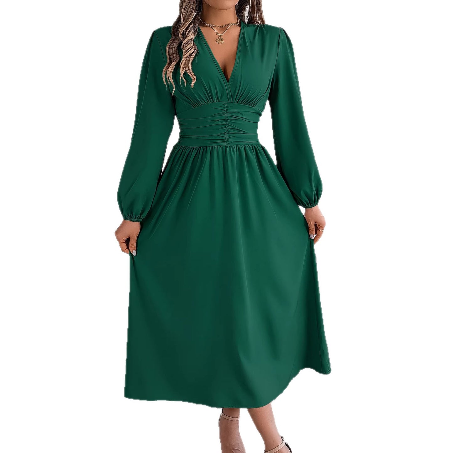 Women V Neck Long Sleeve Slit Waist Midi Dress