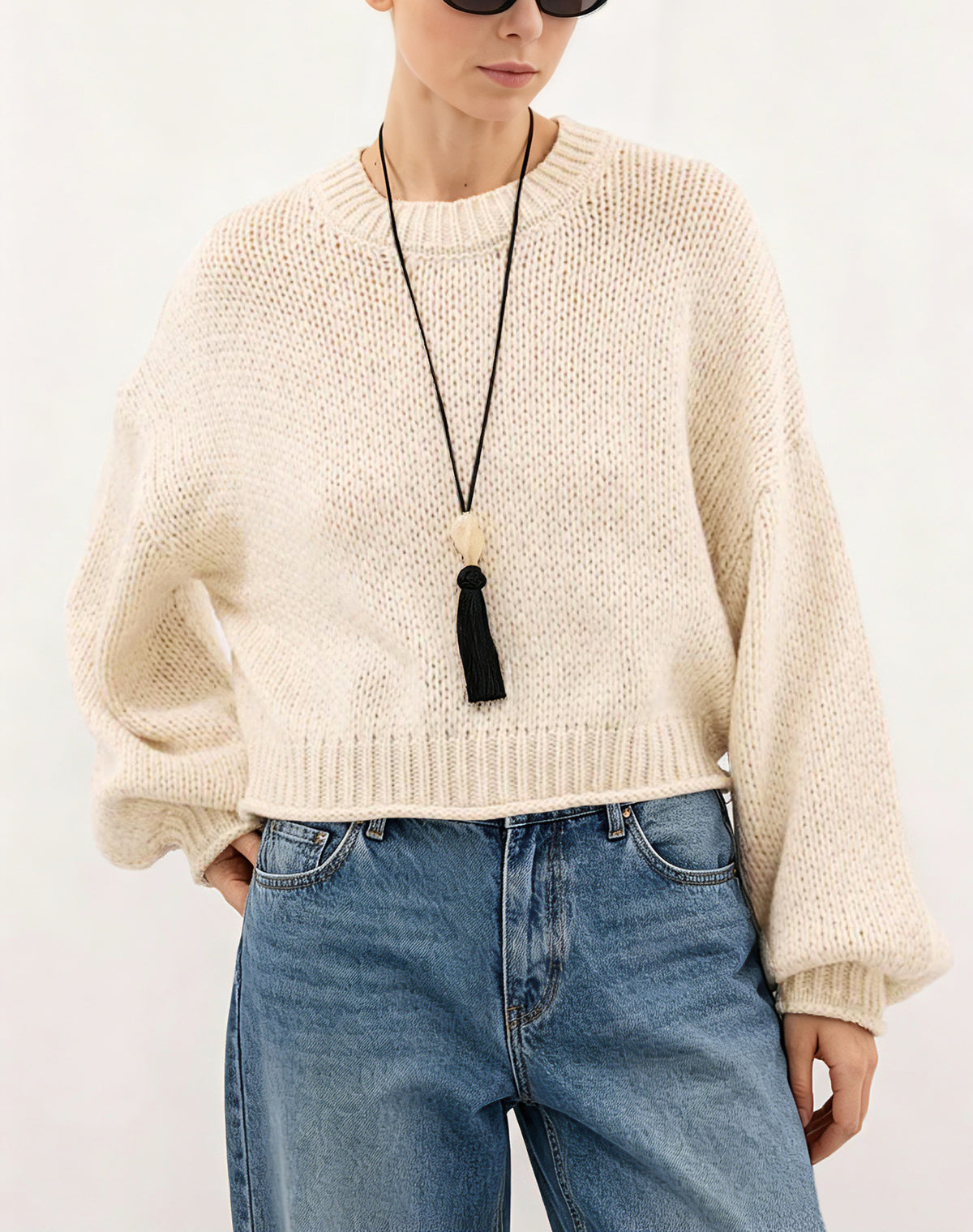 Women's Oversized Chunky Crew Neck Balloon Sleeve Sweater