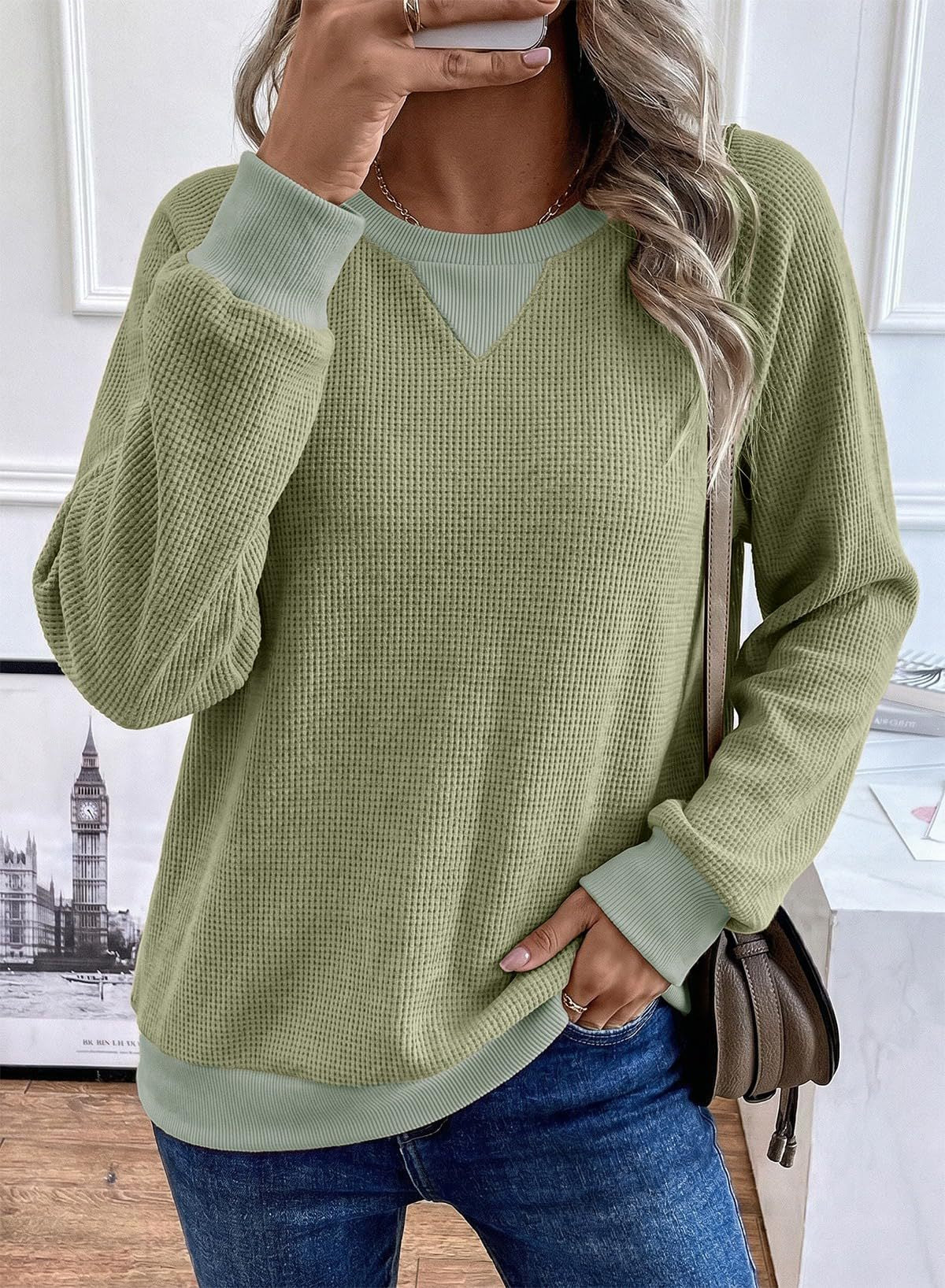 Contrast Waffle Knit Long Sleeve Casual Pullover Top