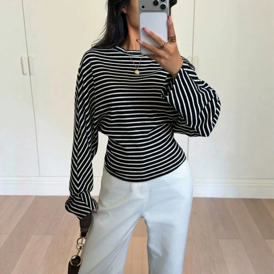 Women's Striped Batwing Waffle Knit Long Sleeve Top