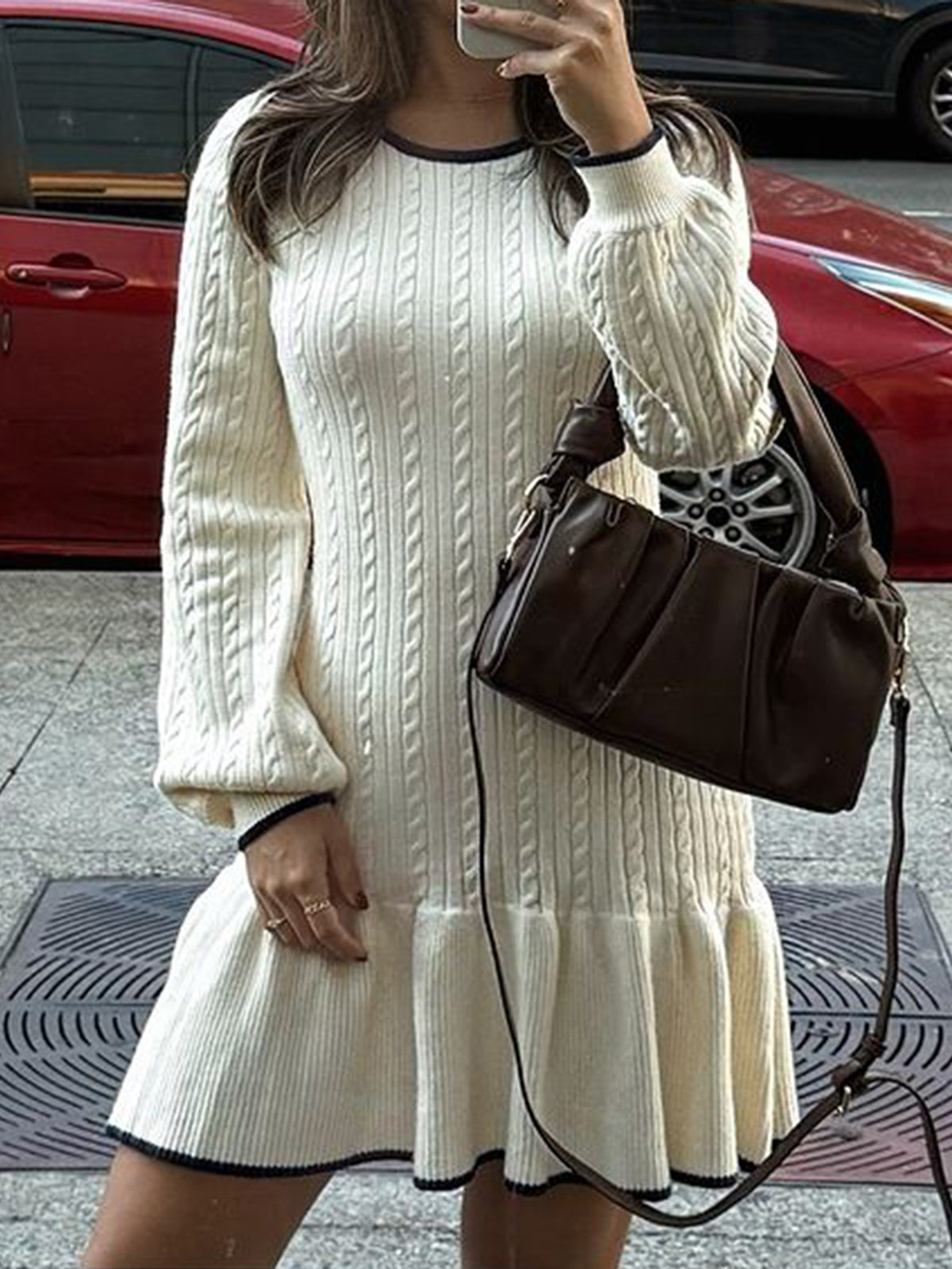 Women's Long Sleeve Cable Knit Ruffle Mini Sweater Dress