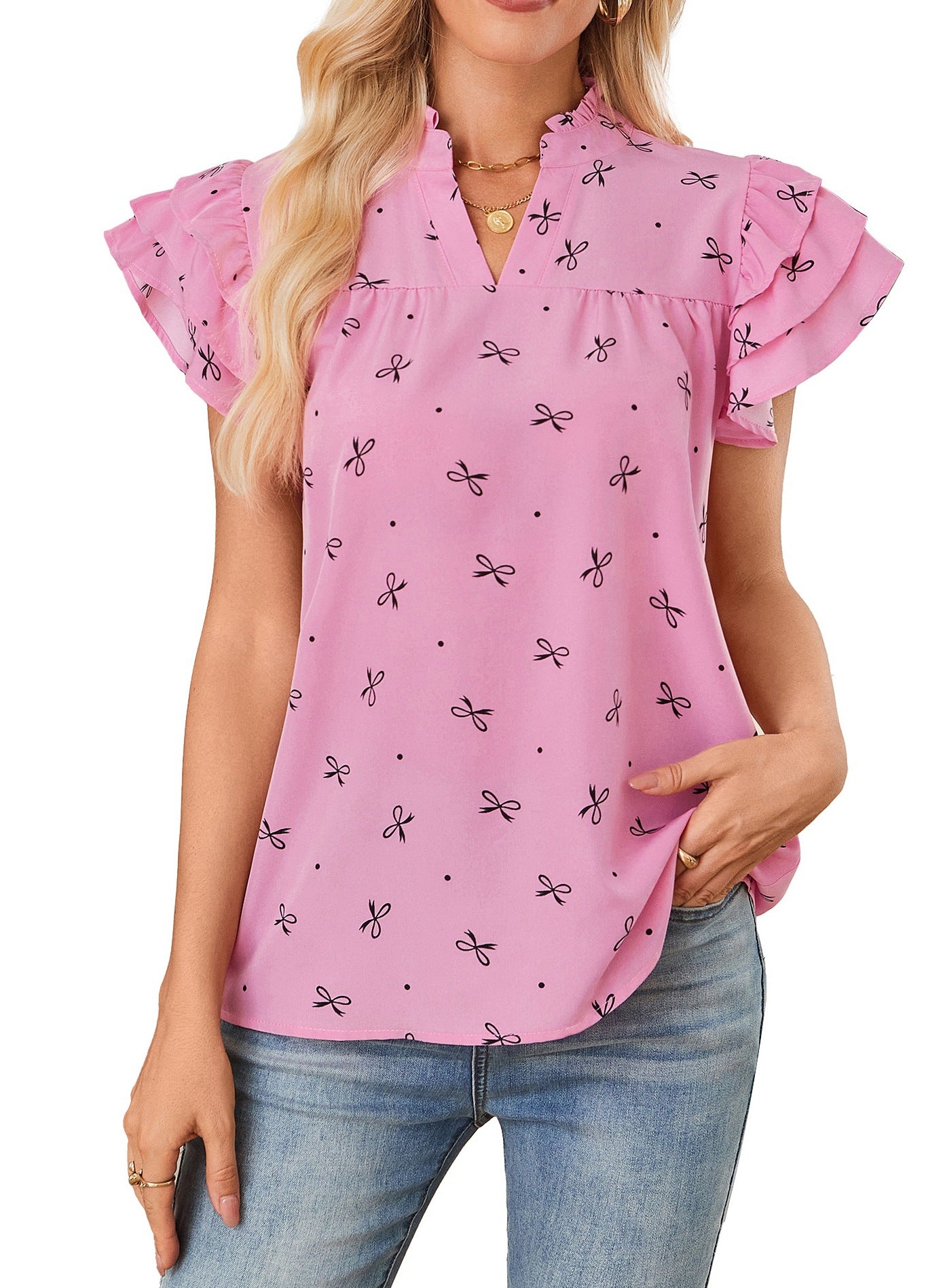 Bow Print V Neck Flutter Sleeve Chiffon Blouse Top