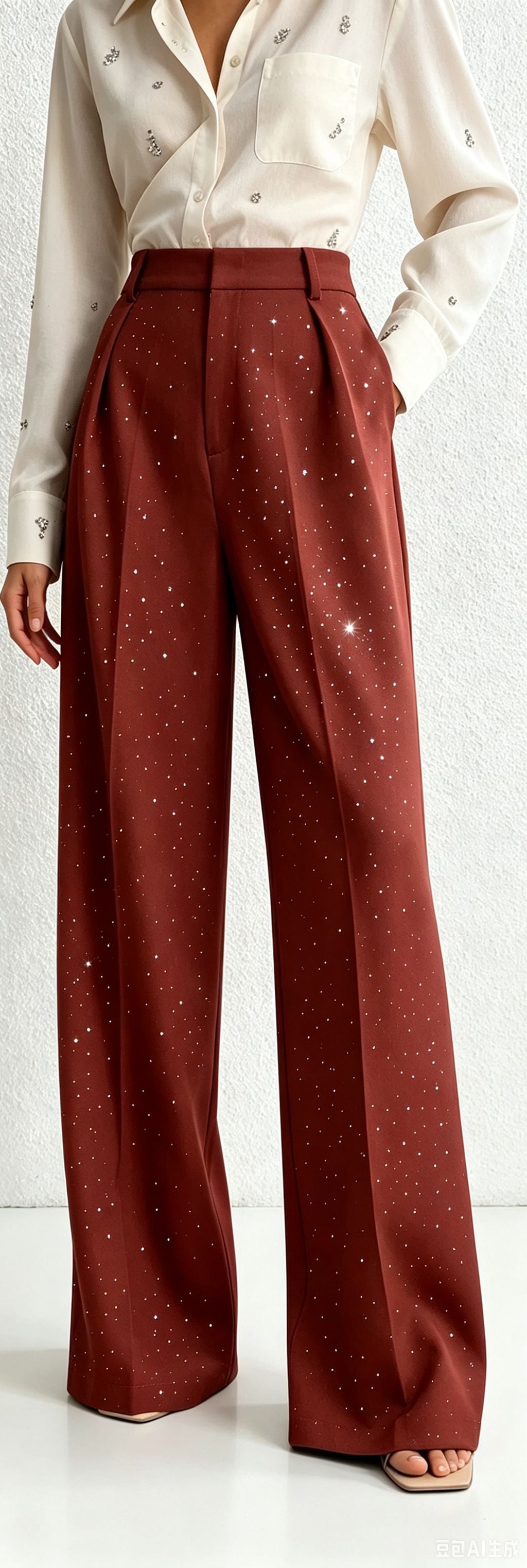 Rhinestone High Waist Pleated Wide Leg Dress Pants
