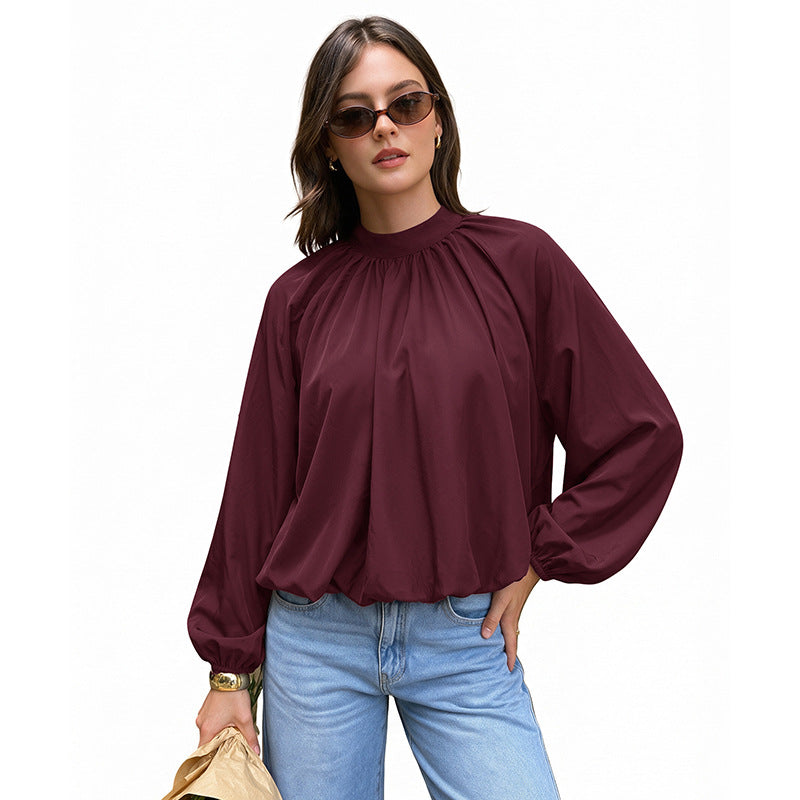 Tie Neck Mock Neck Blouse Gathered Long Sleeve Top