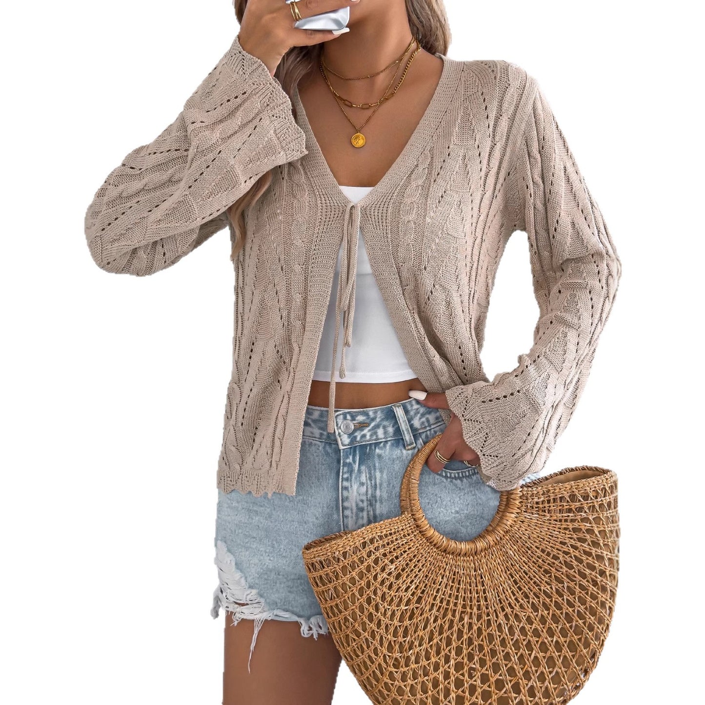 Women Tie Front Open Knit Bell Sleeve Cardigan