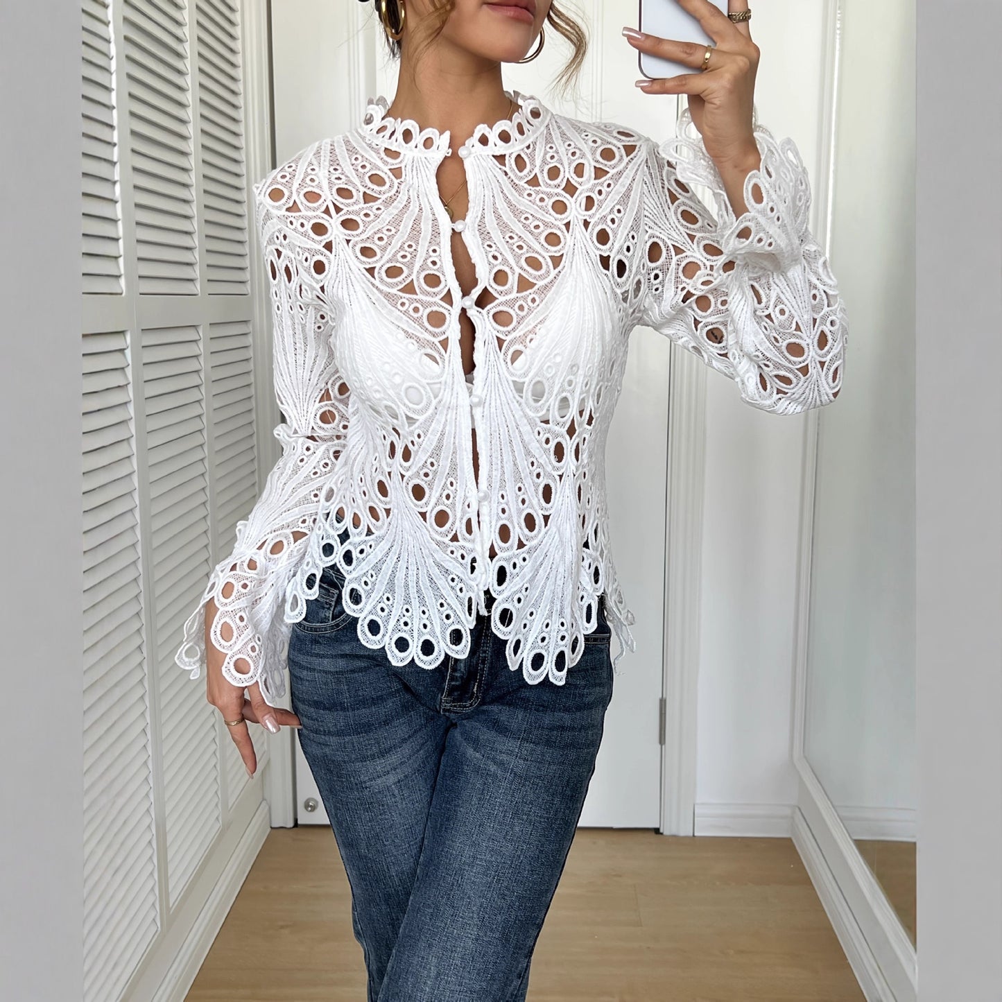 Crochet Lace Blouse with Sheer Bell Sleeves and Buttons