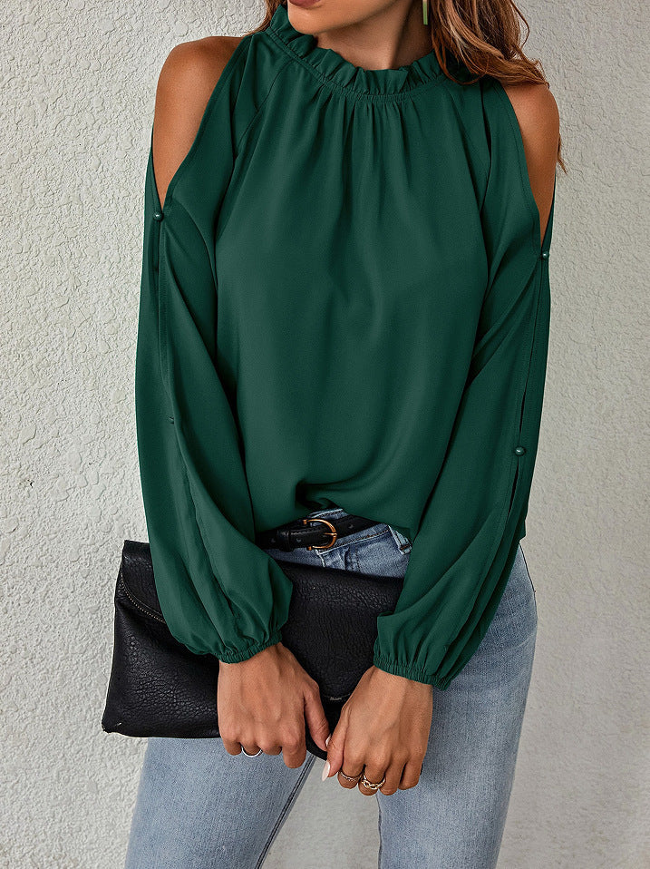 Women’s Ruffle Mock Neck Cold Shoulder Long Sleeve Blouse