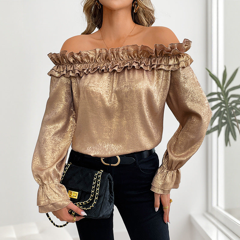 Gold Off Shoulder Ruffle Hem Long Sleeve Party Blouse