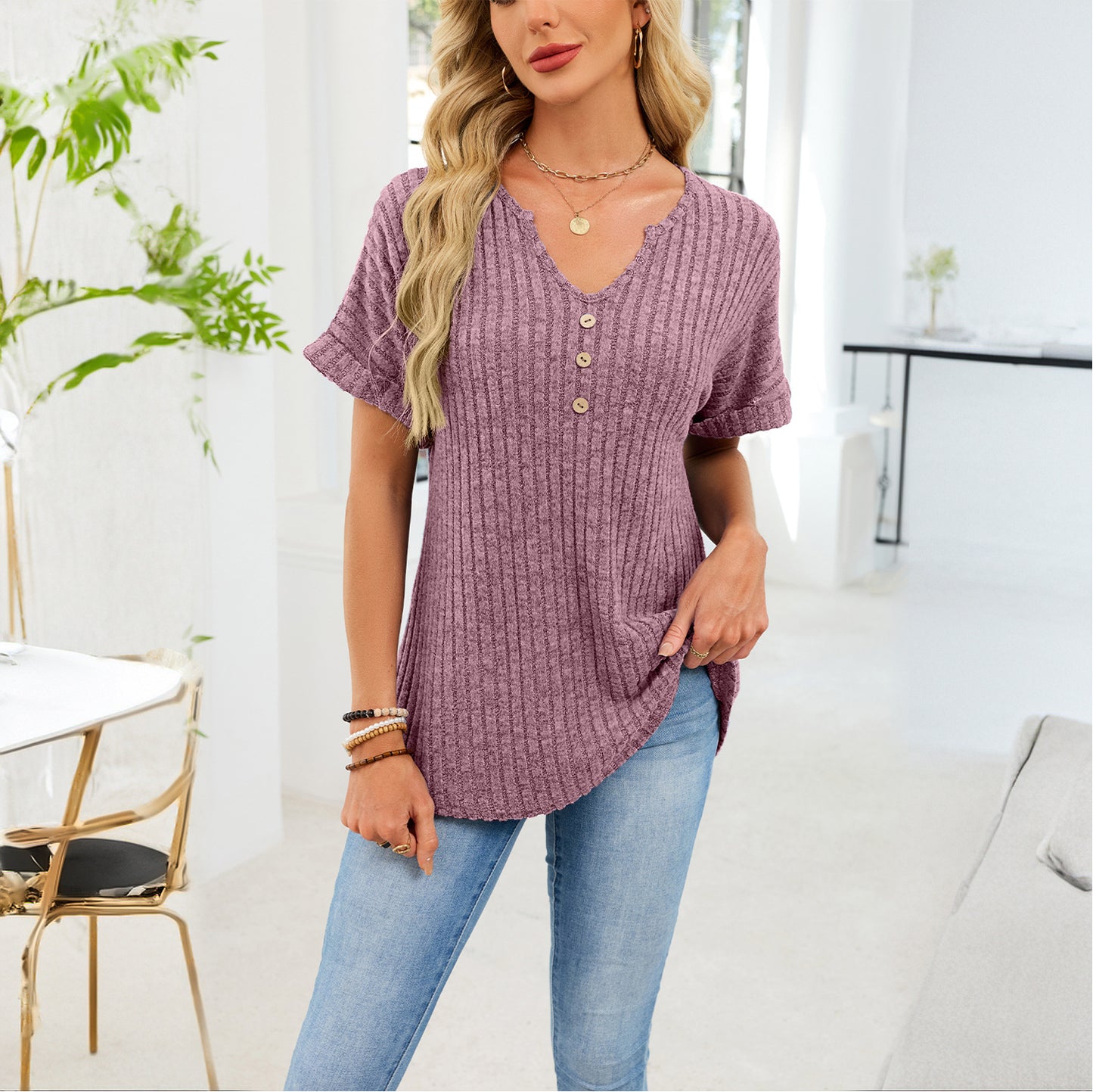 Ribbed Knit Tunic Top Button V Neck Tee