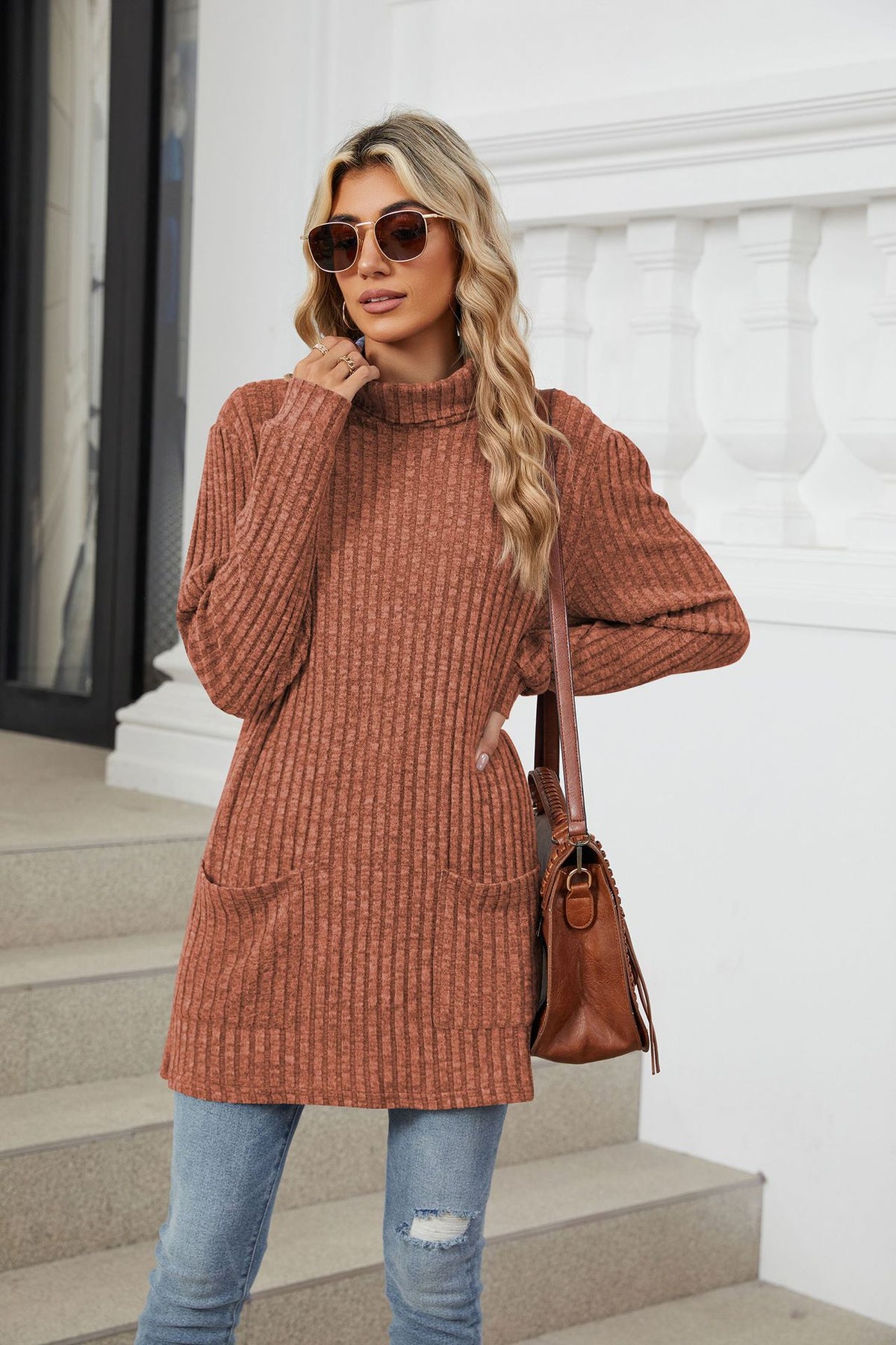 Women's Ribbed Mock Neck Long Sleeve Tunic Top with Pockets