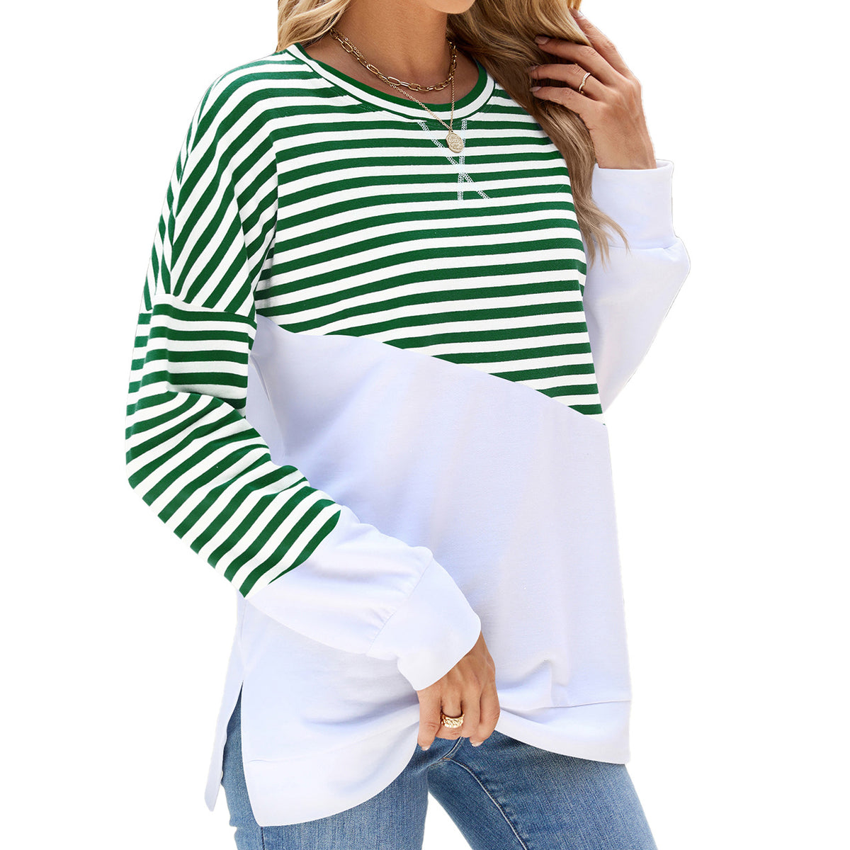 Women's Color Block Striped Crewneck Sweatshirt Oversized
