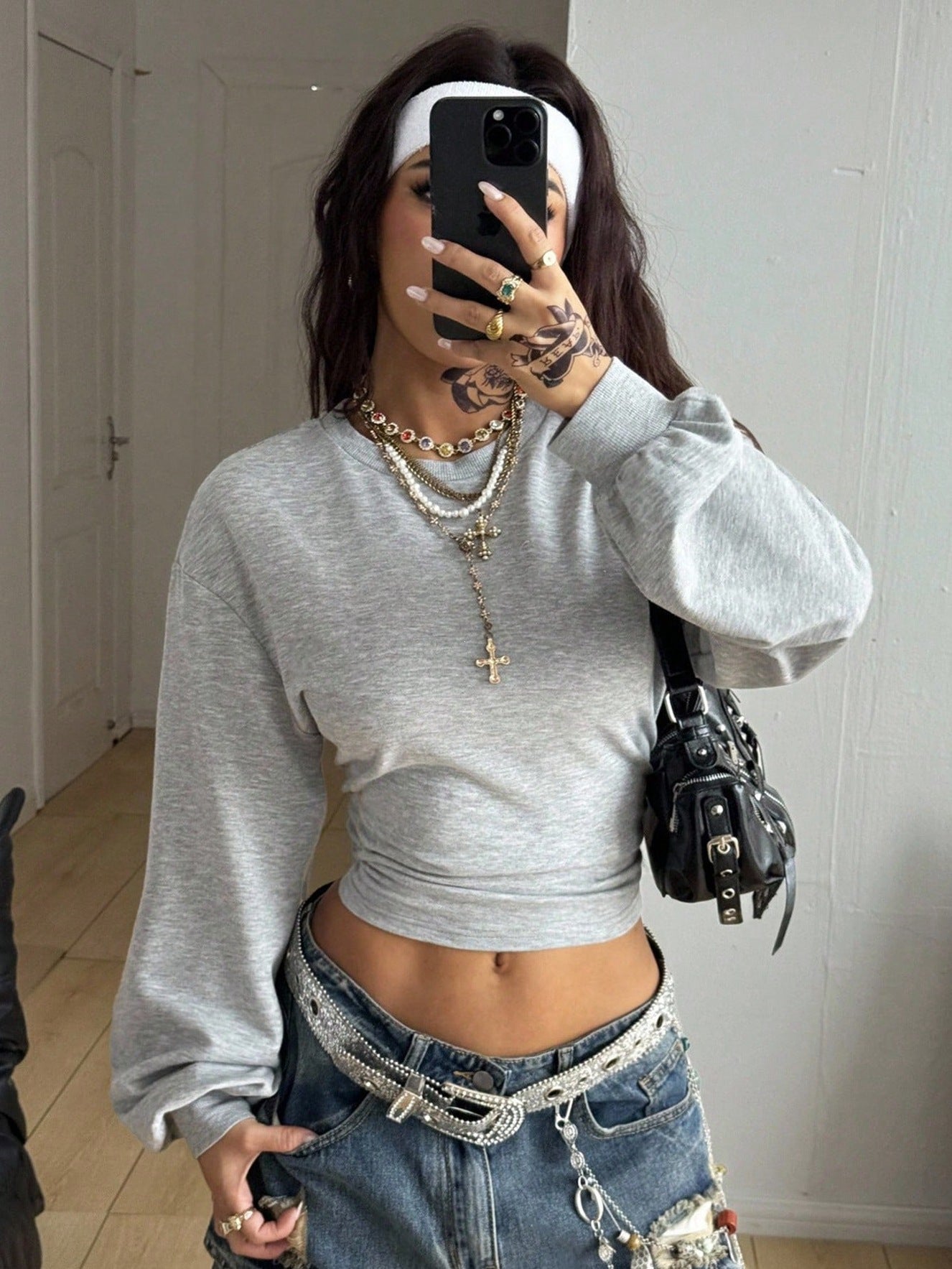 Solid Knit Crop Top Trendy Ruched Long Sleeve Slim Fit
