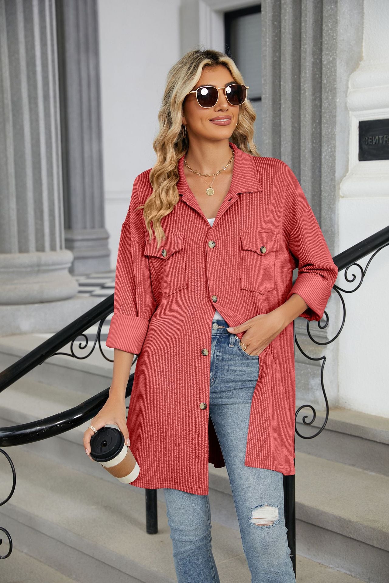 Solid Color Lapel Button Pocket Long Sleeve