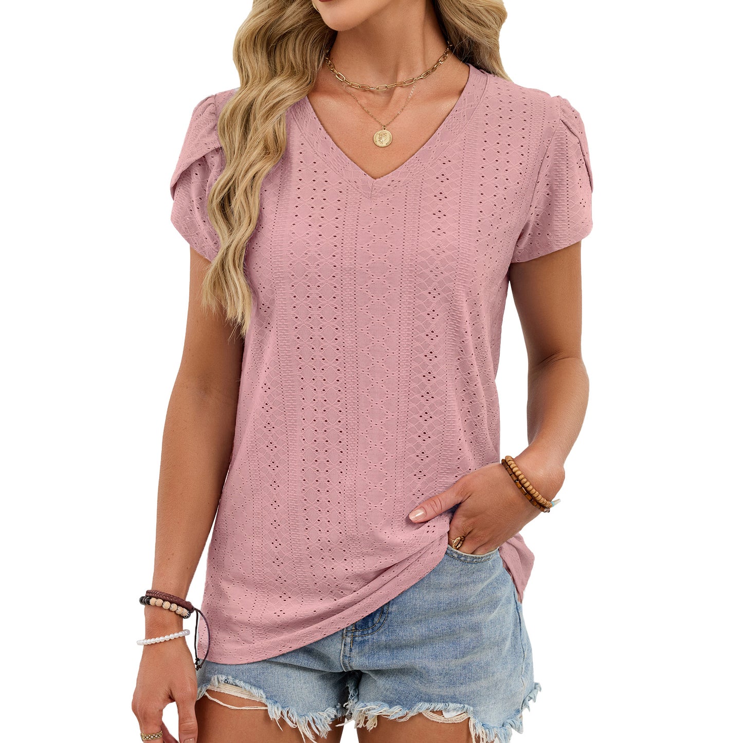 V Neck Eyelet Knit Top Flutter Sleeve Loose Tee
