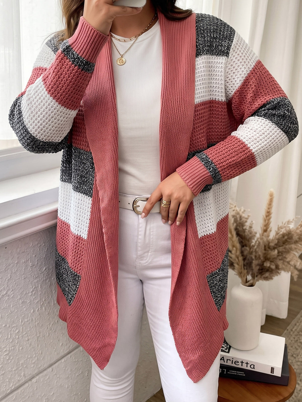 Plus Size Color Block Open Front Cardigan Sweater