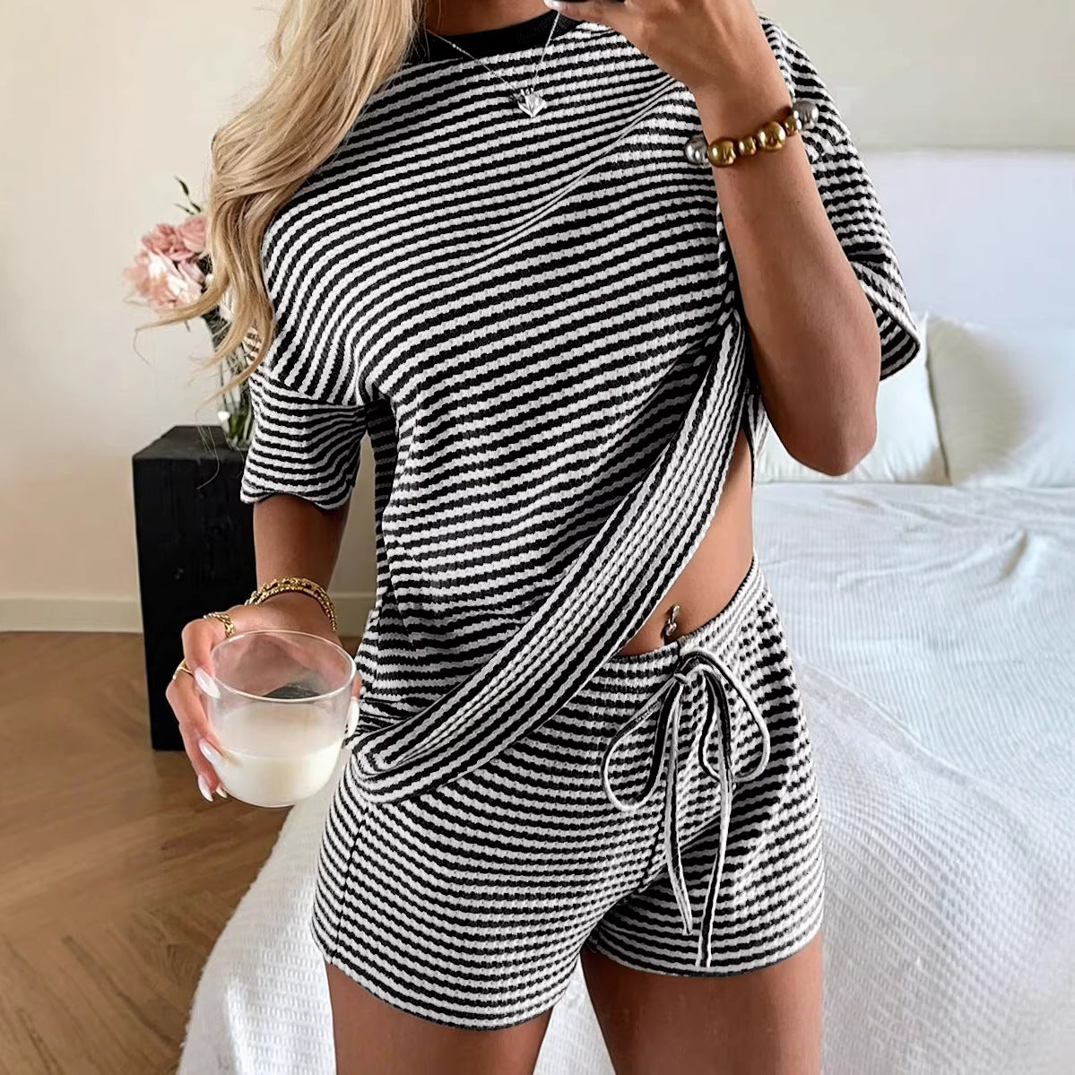 Striped Knit Shorts Set Casual Drawstring Lounge