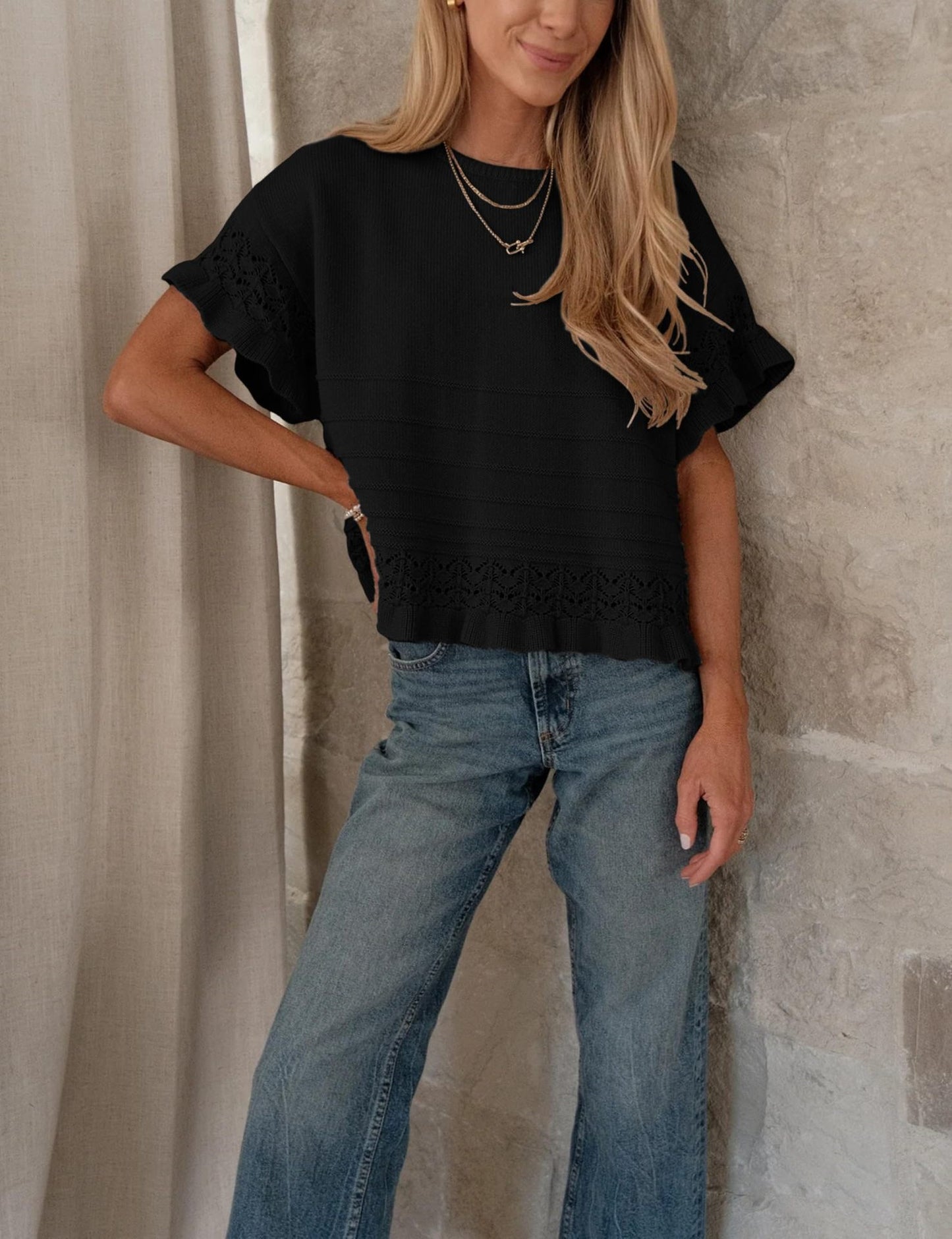 Solid Knit Top Casual Eyelet Ruffle Sleeve