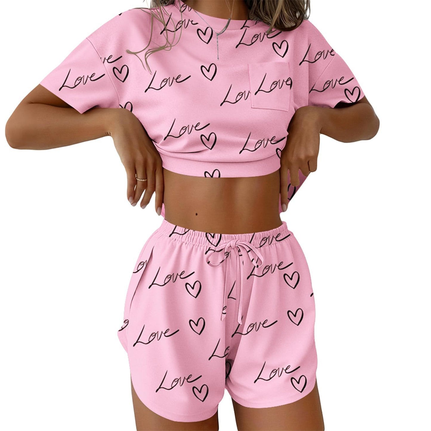 Women Leopard Print Crop Tee Lounge Short Set