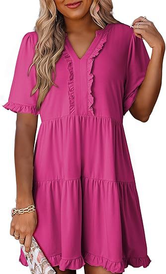 Green V Neck Ruffle Trim A Line Tiered Mini Dress