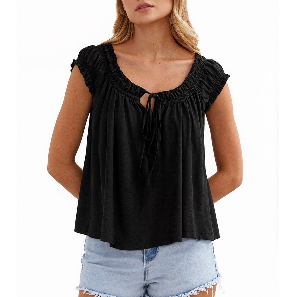 Solid Crinkle Blouse Casual Tie Neck Flutter Sleeve