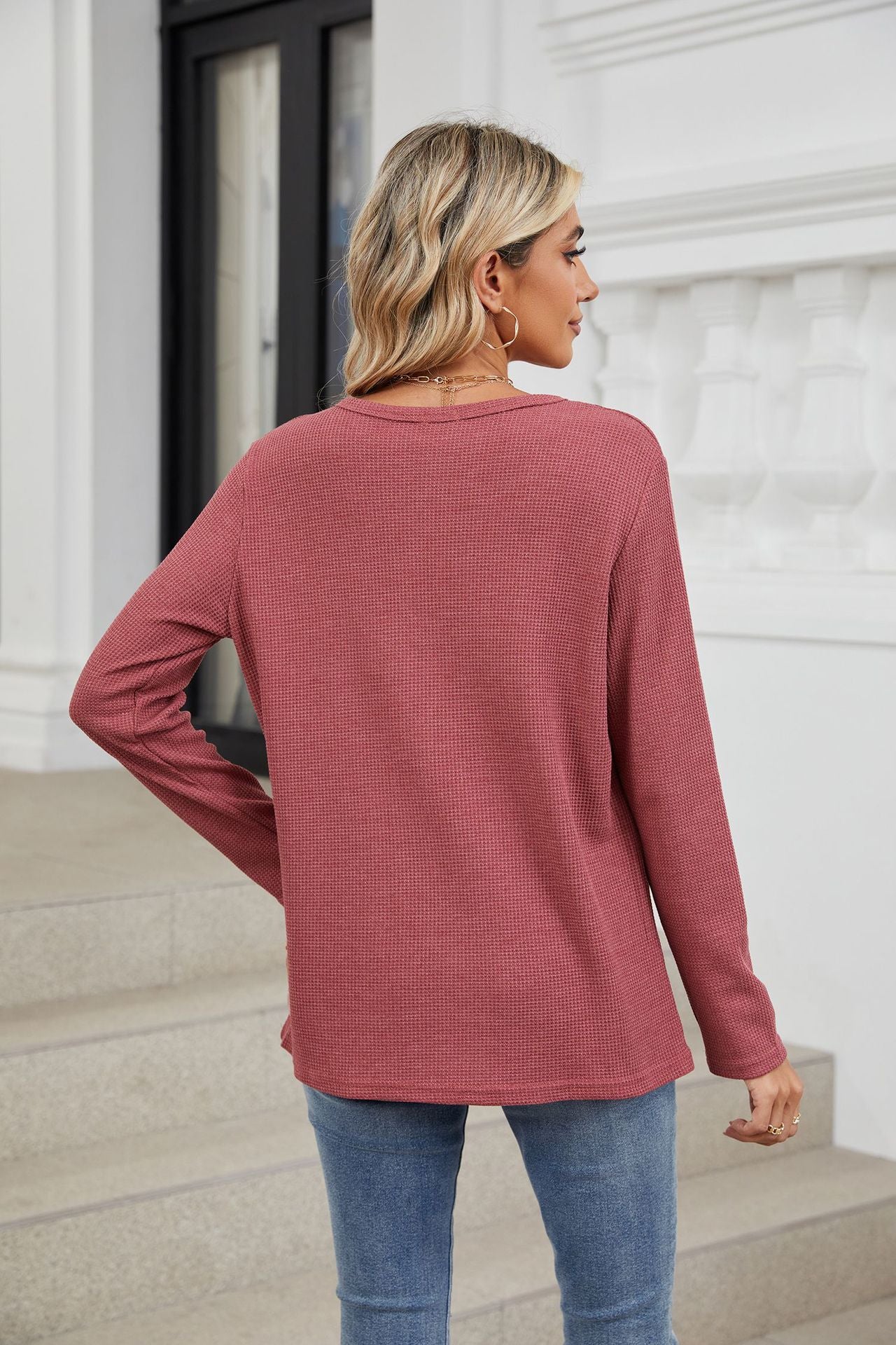 Loose V-neck Long-sleeved Solid Color Casual T-shirt