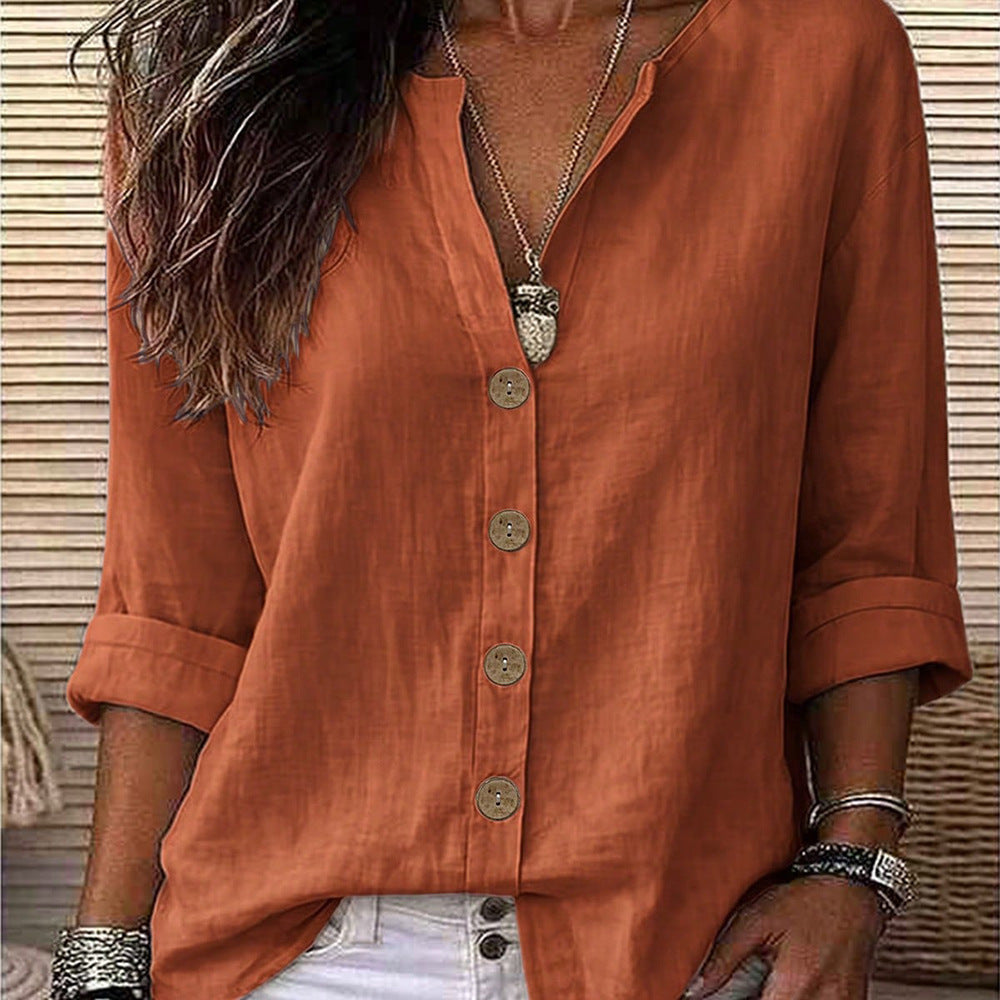 Women's Relaxed V-Neck Button Up Roll Sleeve Blouse