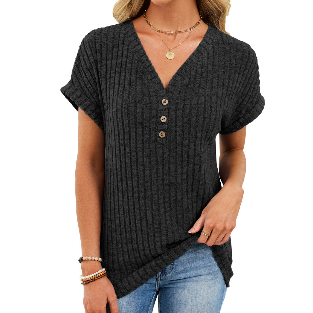 Solid Ribbed Knit Top V Neck Casual Short Sleeve