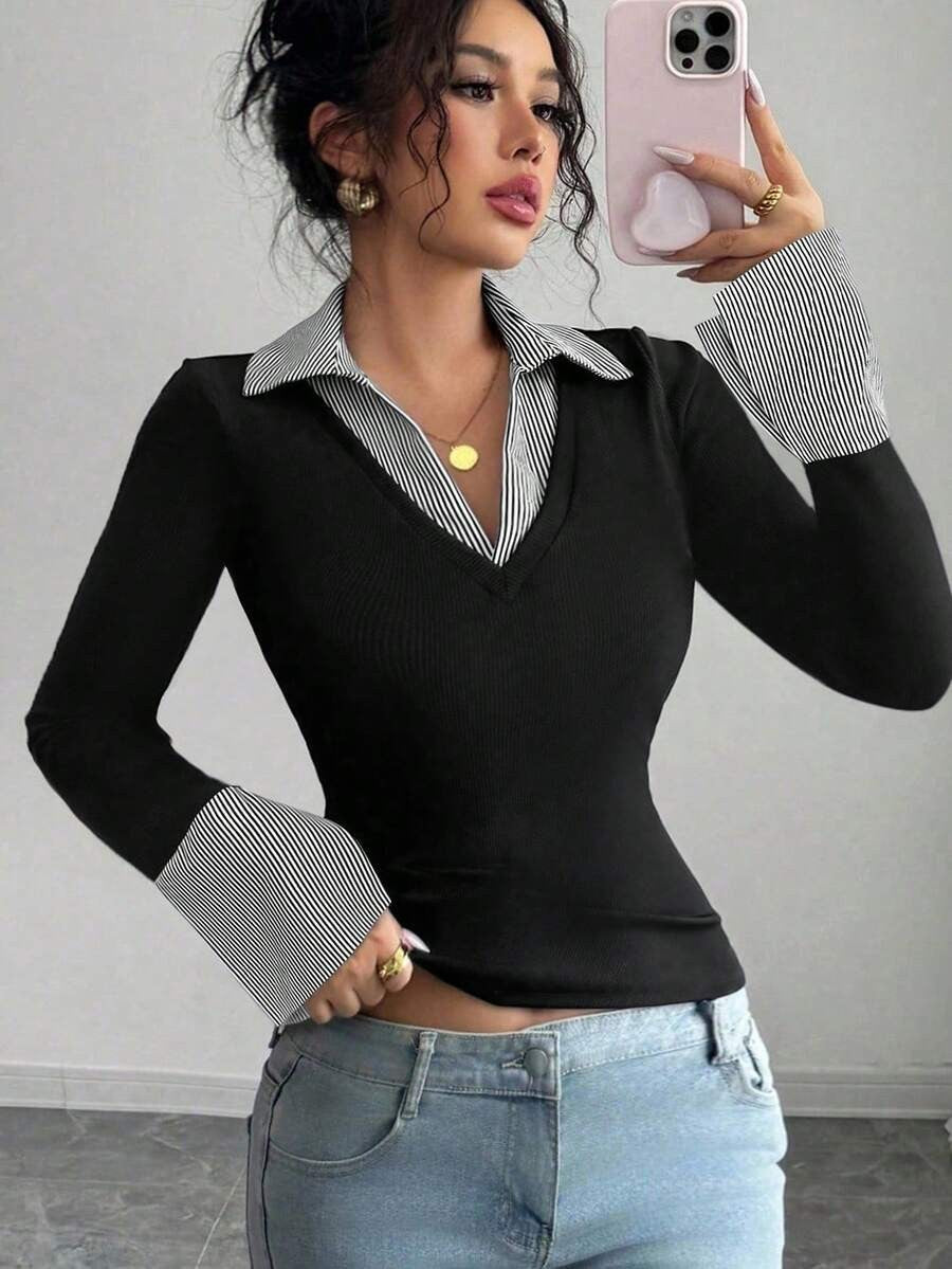 Office V Neck Layered Collared Knit Top Long Sleeve Tee