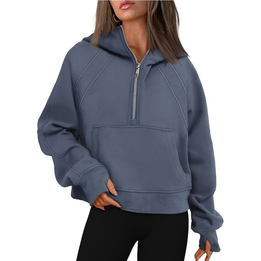 Half Zip Fleece Hoodie Pullover Casual Cropped Sweatshirt