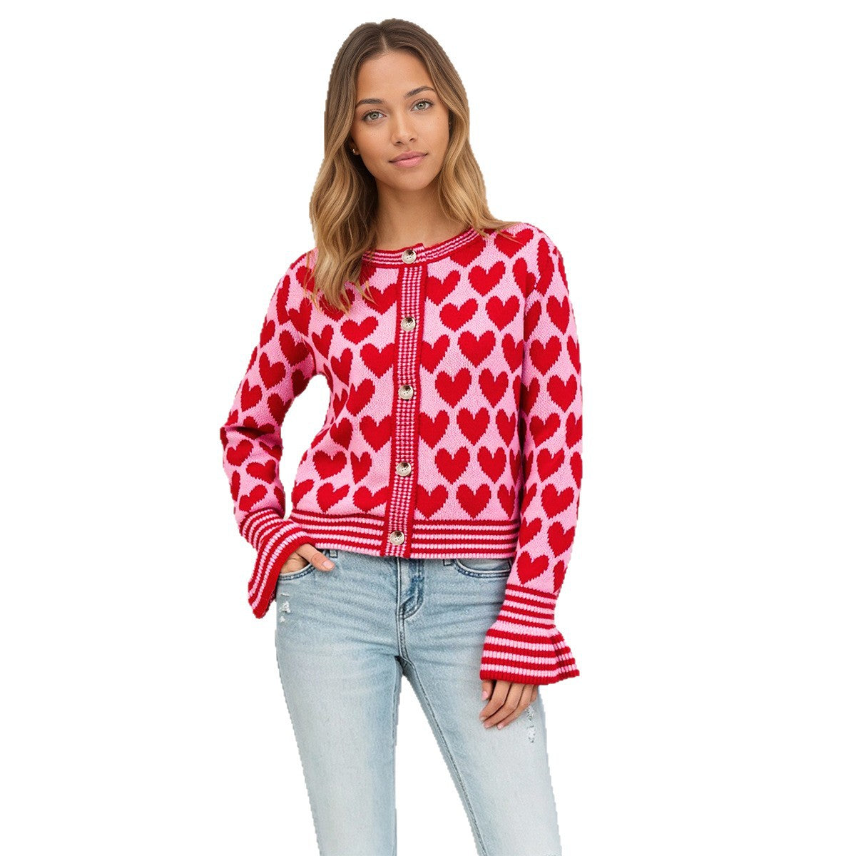 Colorblock Heart Print Bell Sleeve Knit Cardigan