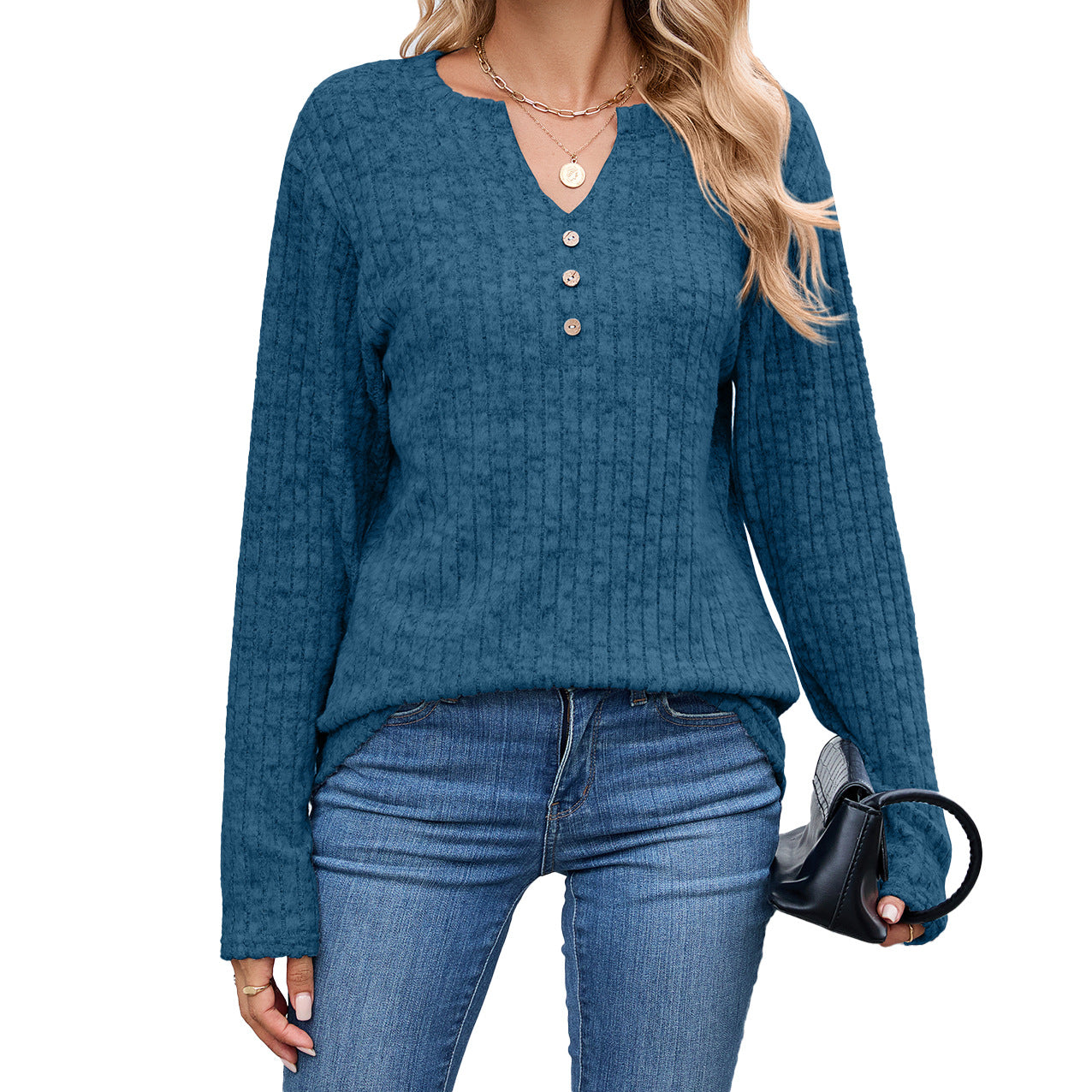 Women's Oversized V Neck Button Ribbed Long Sleeve Knit Top