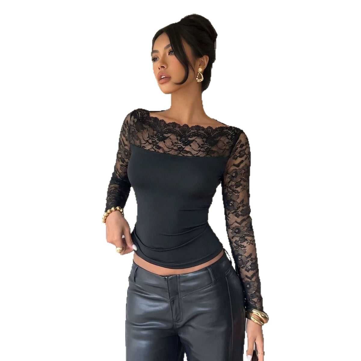 Sexy Black Lace Boat Neck Long Sleeve Fitted Top