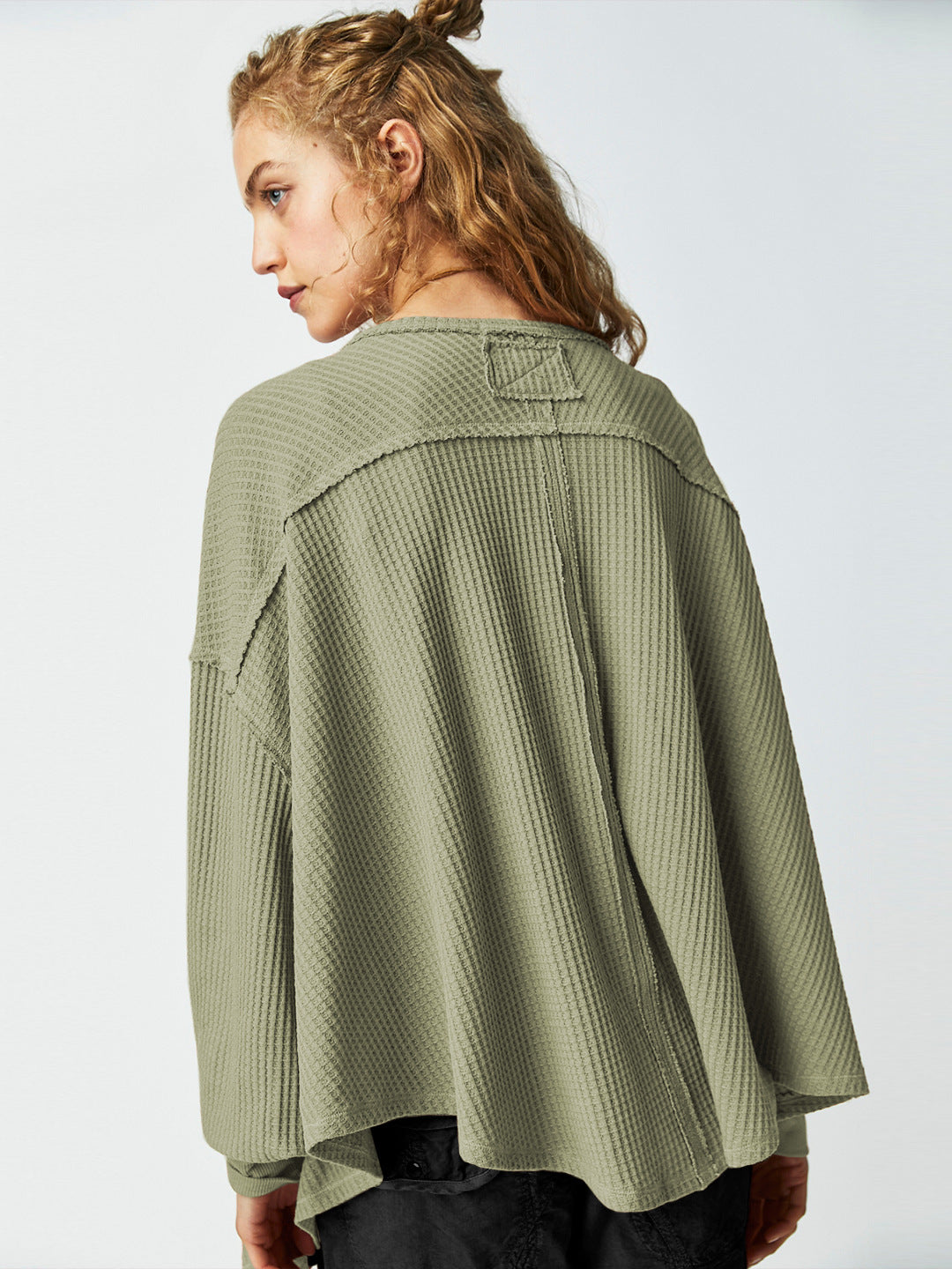 Women's Waffle V Neck Oversized Sweatshirt Casual Pullover