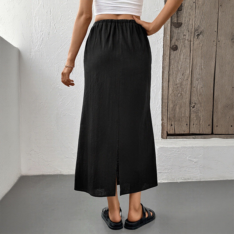 Solid Black Cotton Drawstring Midi Skirt