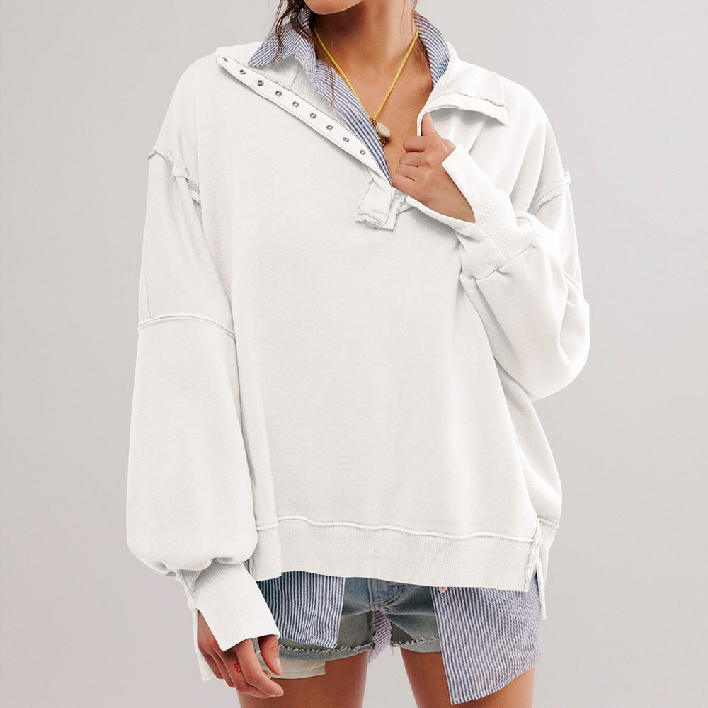Oversized Collared Balloon Sleeve Split Hem Sweatshirt