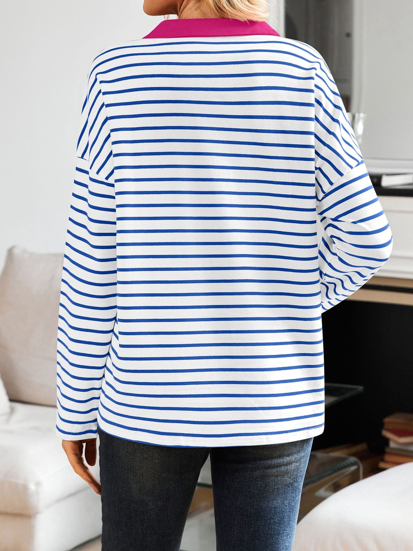 Striped V-neck Loose Sweatshirt Lapel Sweater