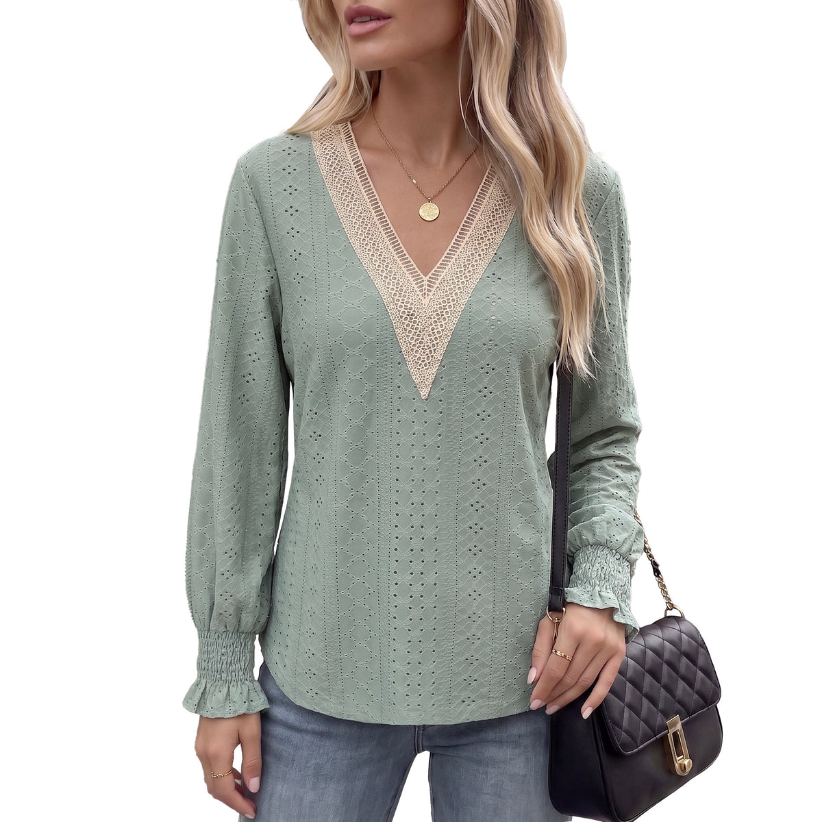Women's V Neck Lace Trim Eyelet Long Sleeve Blouse